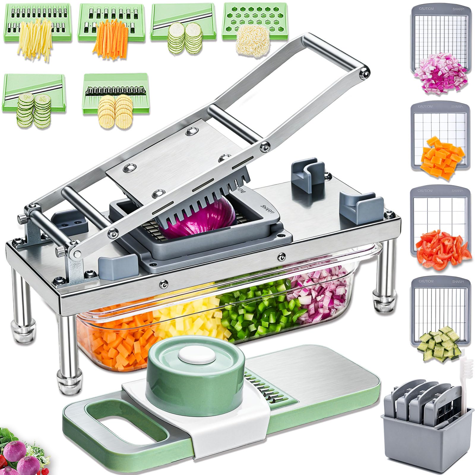 IPOVIPO stainless steel vegetable chopper with 10 blades for quick uniform dicing.