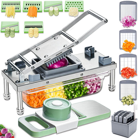 IPOVIPO stainless steel vegetable chopper with 10 blades for quick uniform dicing.