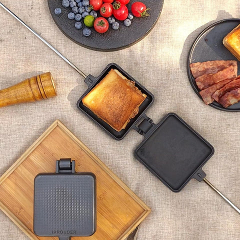 IPROUDER Campfire Pie Iron with 22.6-inch handles ensuring safe flipping.