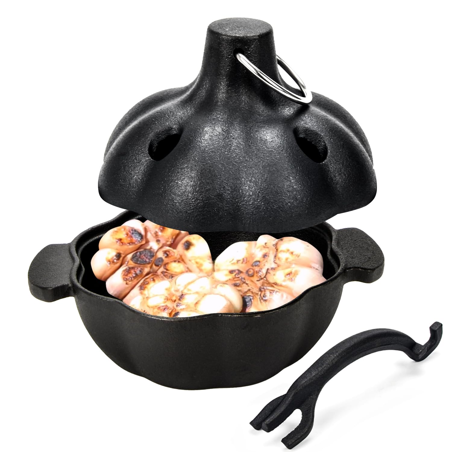 IPROUDER cast iron garlic roaster with handle for easy lifting and even heat distribution.