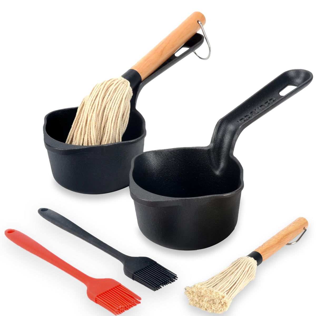 IPROUDER cast iron sauce pan with wooden mop brush slot for steady grilling.