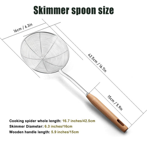 IQCWOOD spider strainer wooden handle stays cool during cooking.
