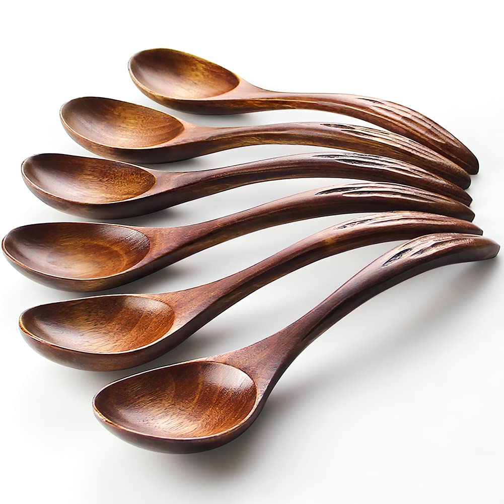 IQCWOOD wooden soup spoons set with curved handles for a comfortable grip during meals.