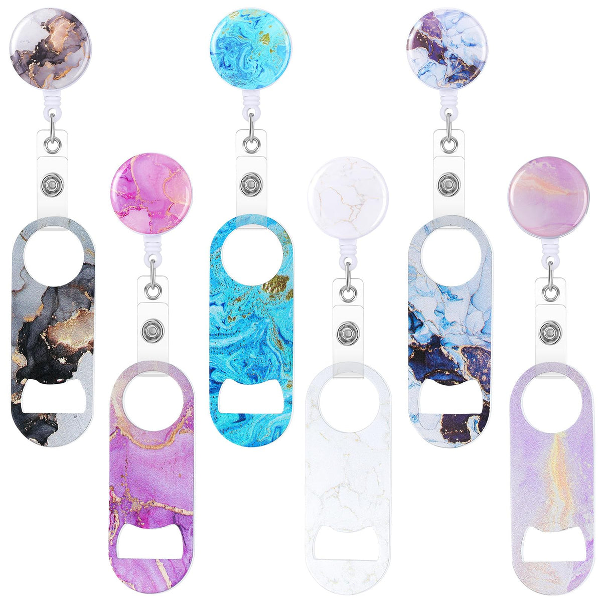 Irenare marble-pattern flat bottle opener with retractable belt clip.