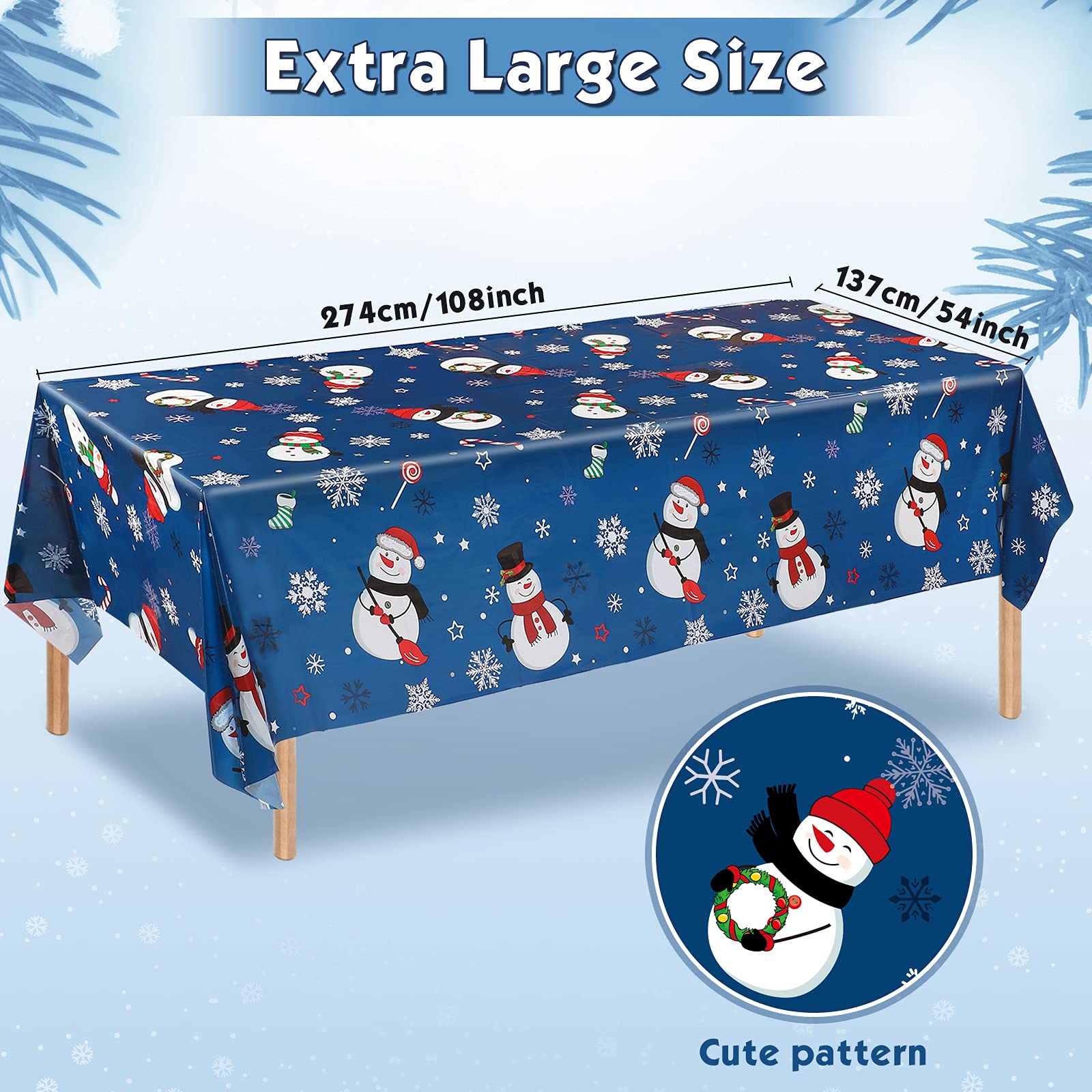 Irenare snowman tablecloth blue close-up with hats, ideal for festive tables