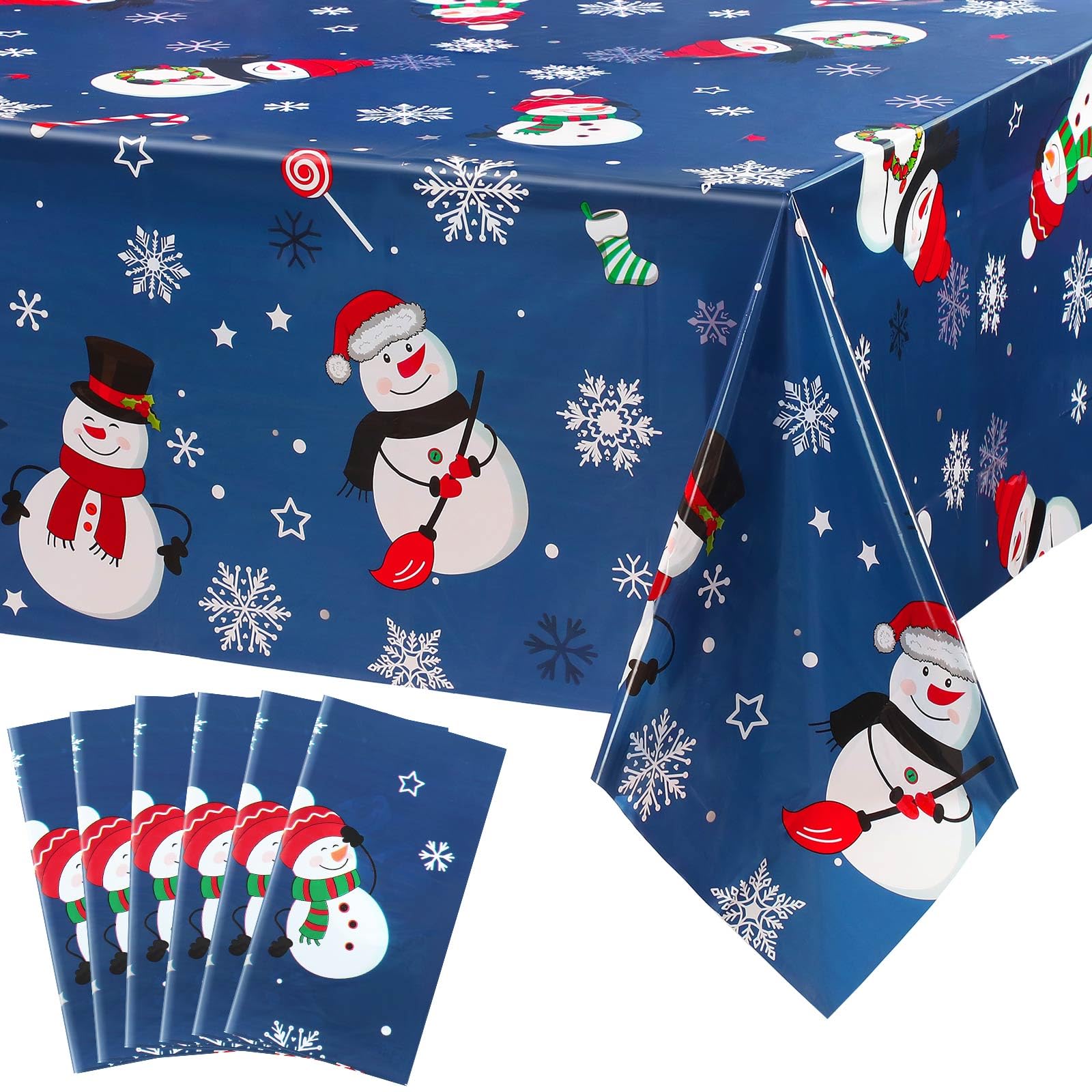 Irenare snowman tablecloth blue full view covering a large Christmas table