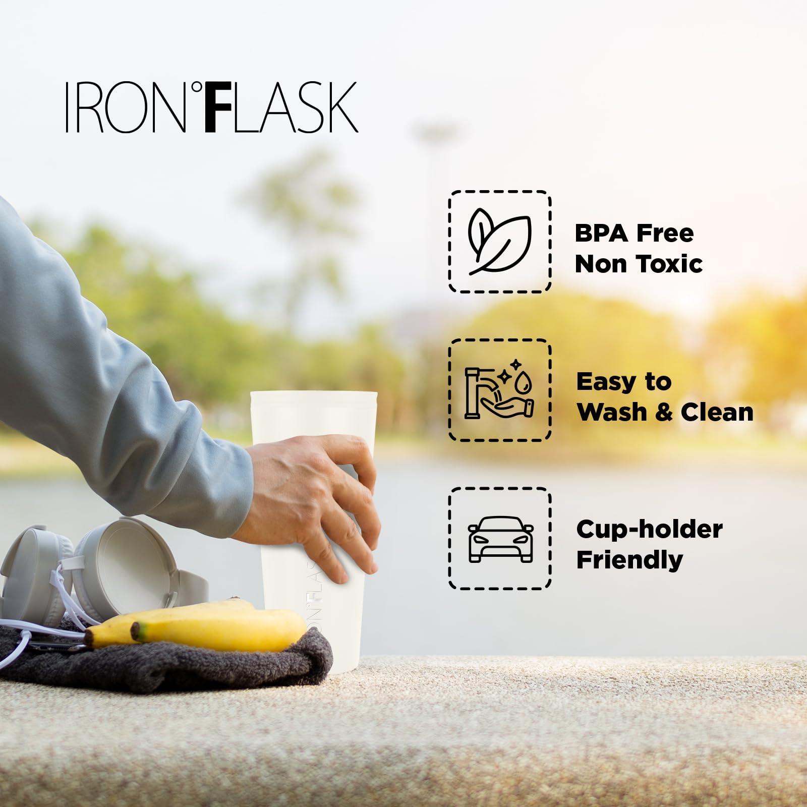 IRON °FLASK Classic Tumbler cashmere cream fits in most cup holders for easy transport.