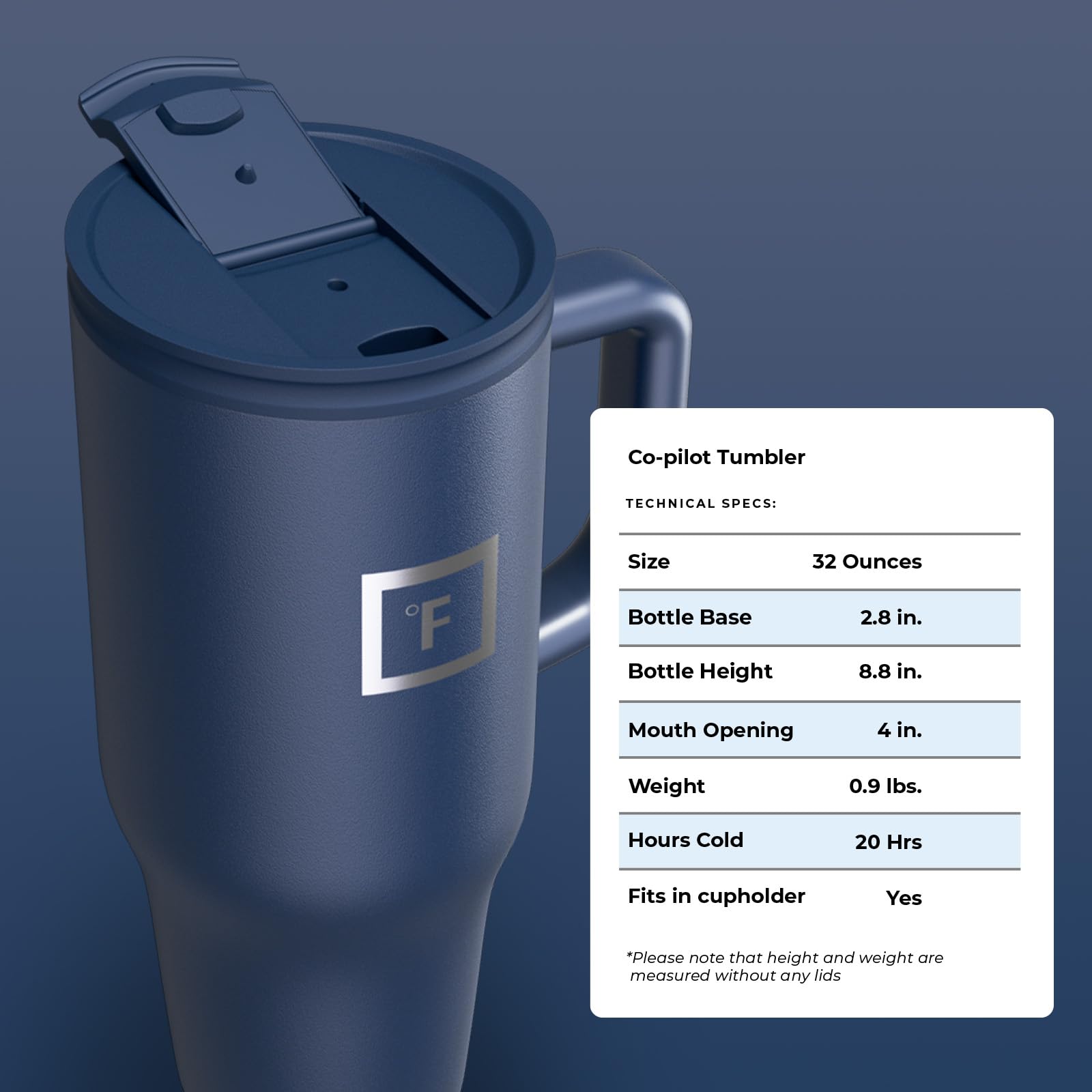 Cold drink test with IRON °FLASK Co-Pilot 32oz Twilight Blue mug.