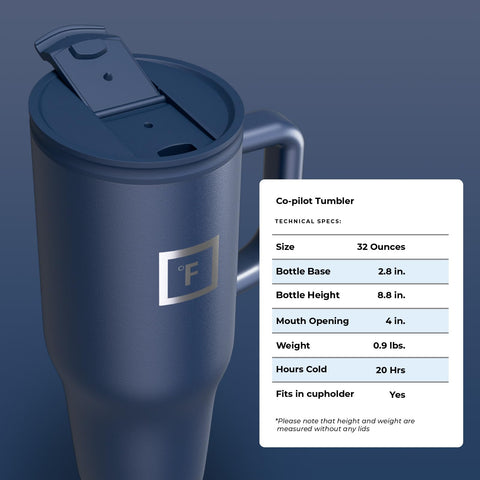 Cold drink test with IRON °FLASK Co-Pilot 32oz Twilight Blue mug.