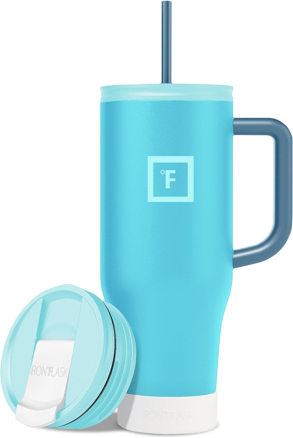 IRON °FLASK Co-Pilot mug front view in Azure Mist, portable hydration on the go