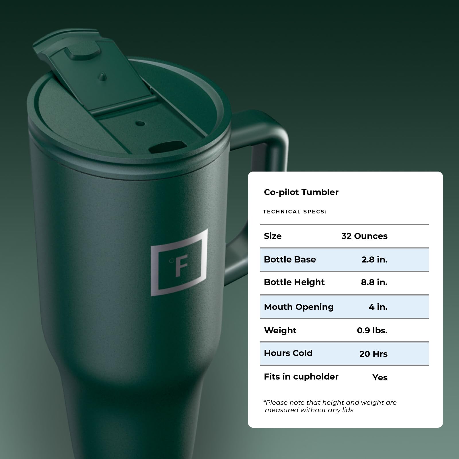 IRON °FLASK Co-Pilot 32 oz Dark Pine mug ready for travel