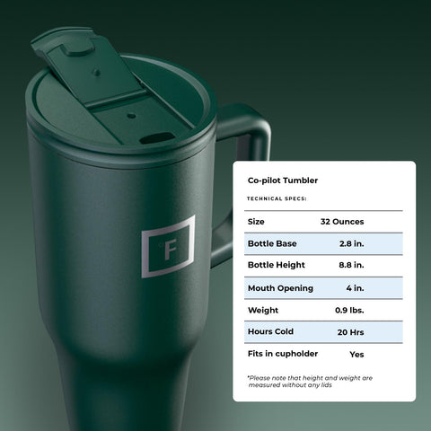 IRON °FLASK Co-Pilot 32 oz Dark Pine mug ready for travel
