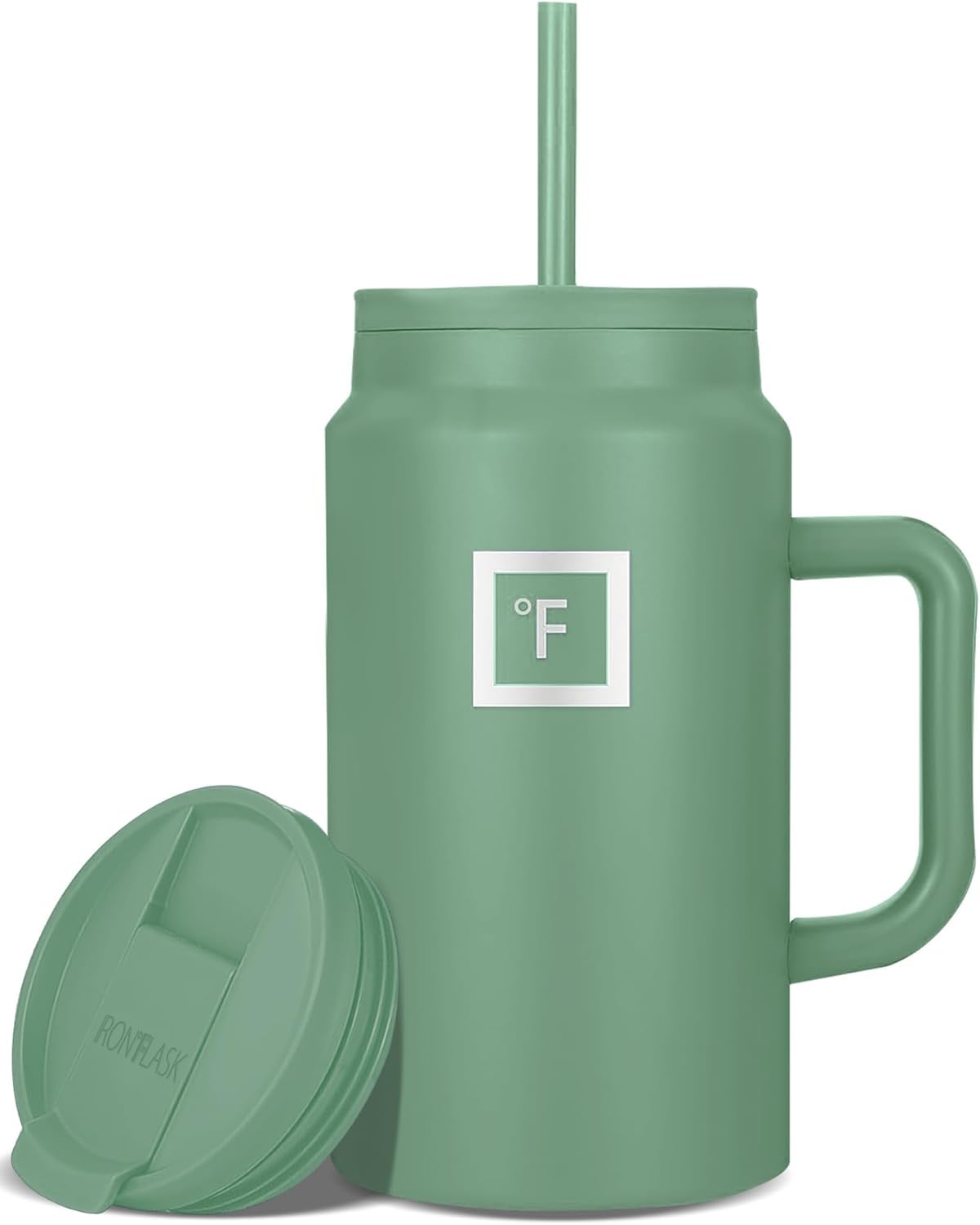 IRON °FLASK Co-Pilot sage mug with straw lid for spill-free sipping.
