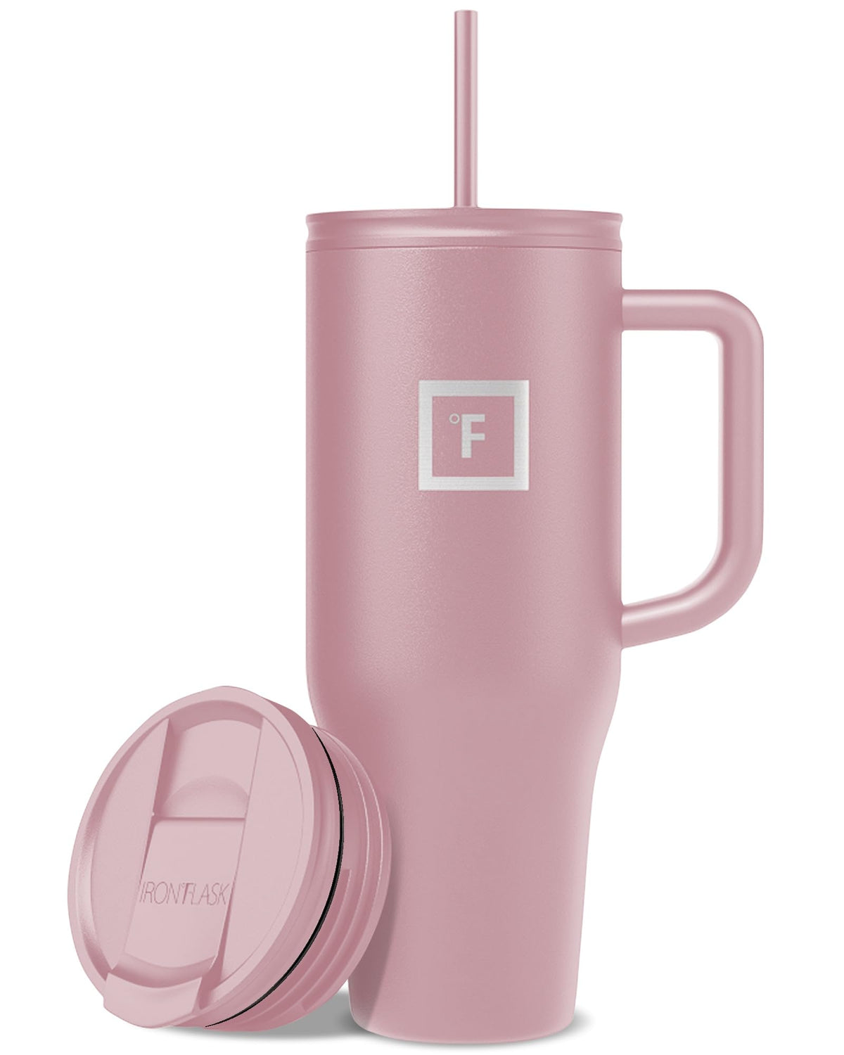 IRON °FLASK Co-Pilot insulated mug with straw cap, pink, keeps drinks ready for commuting