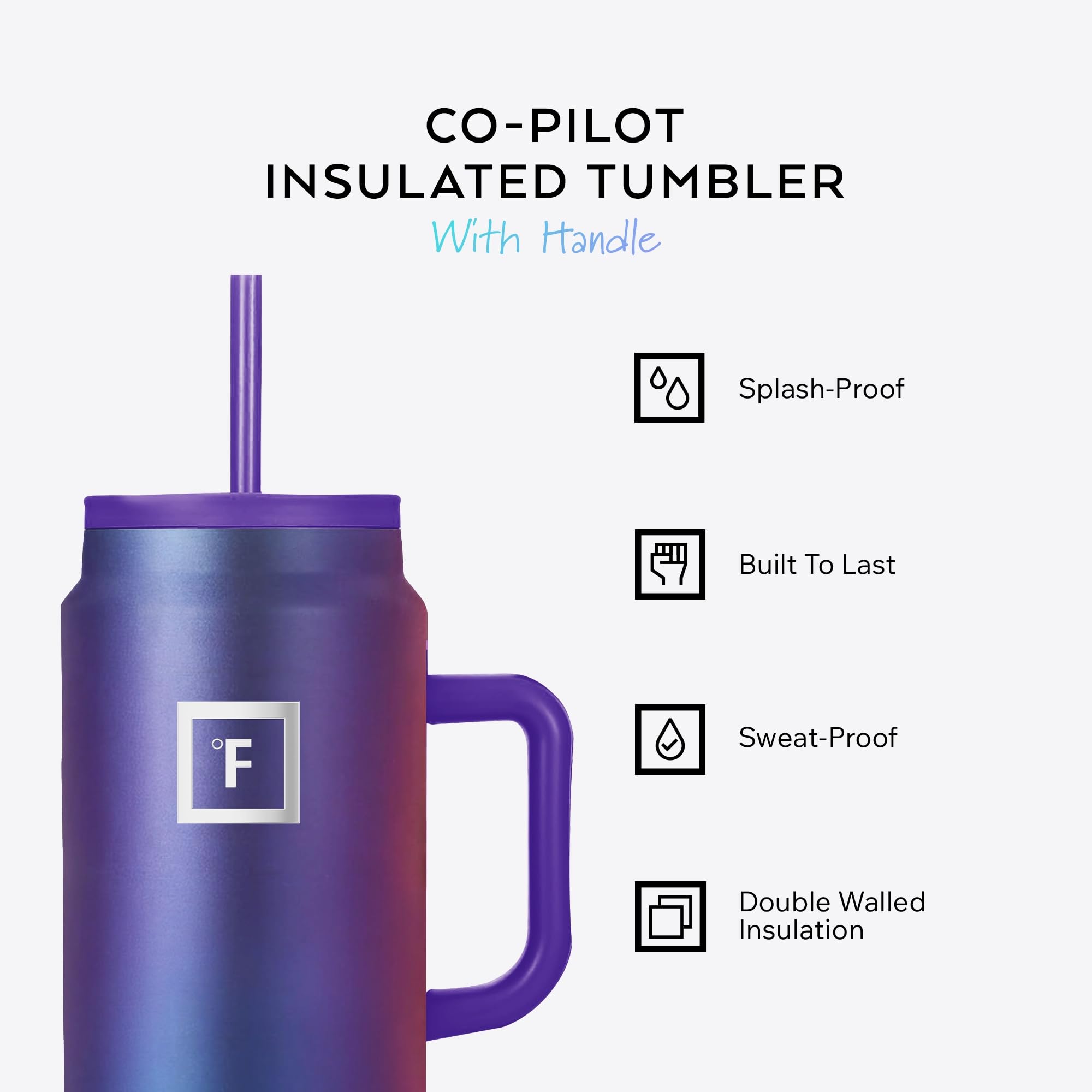 IRON °FLASK Co-Pilot mug with flip cap lid seals hot or cold beverages.