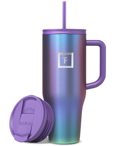 IRON °FLASK Co-Pilot mug with straw lid shows 40 oz capacity for on-the-go hydration.