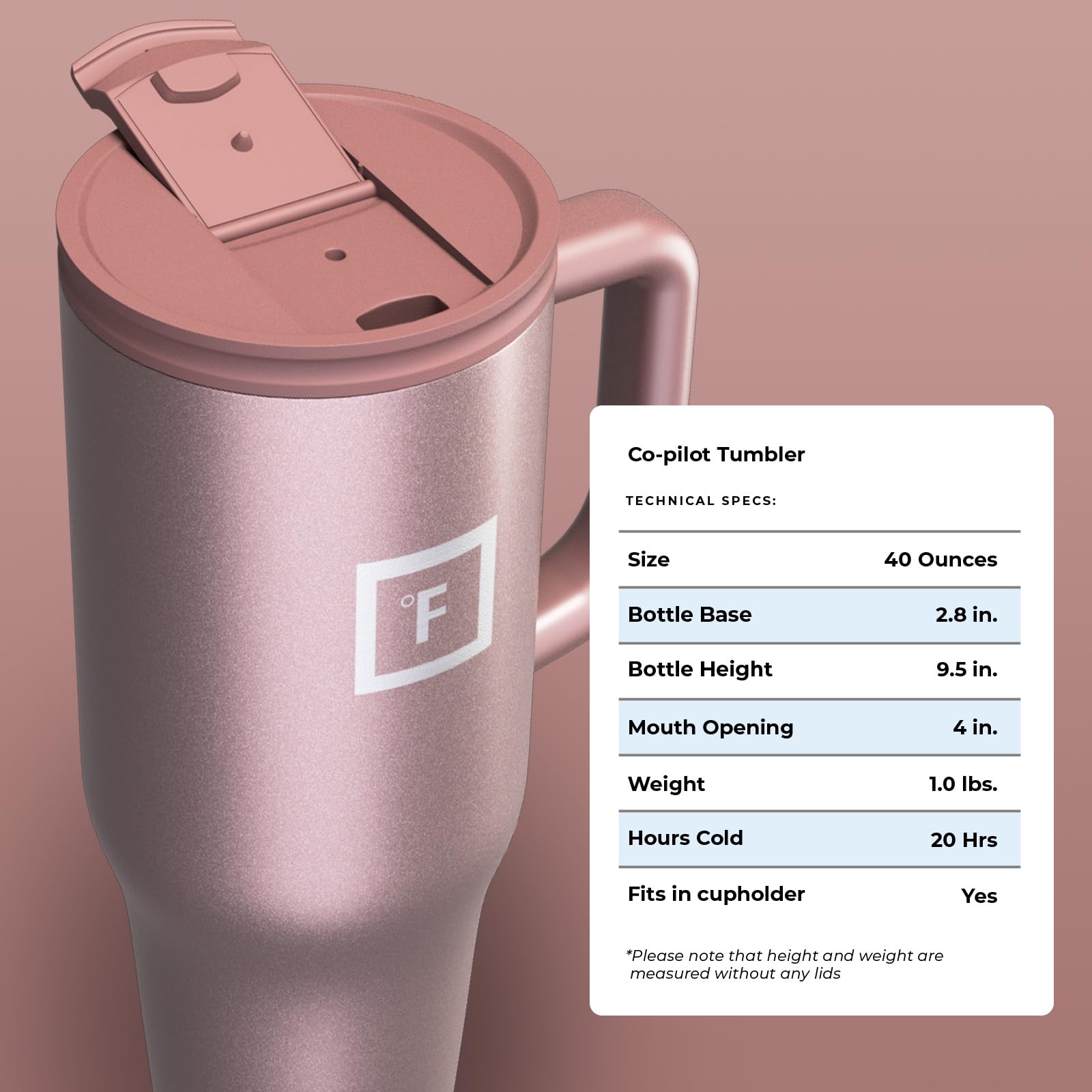 IRON °FLASK Co-Pilot rose gold mug travel-friendly, ideal for commuting and trips.