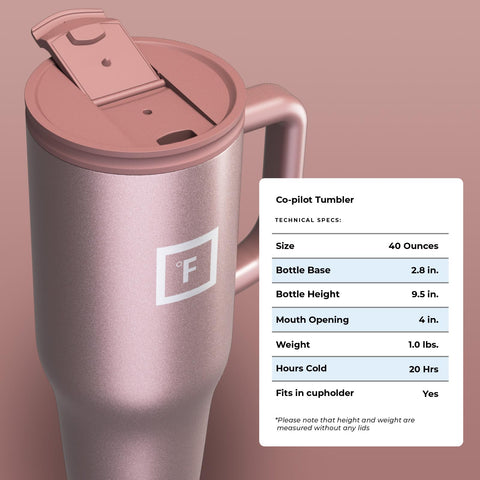 IRON °FLASK Co-Pilot rose gold mug travel-friendly, ideal for commuting and trips.