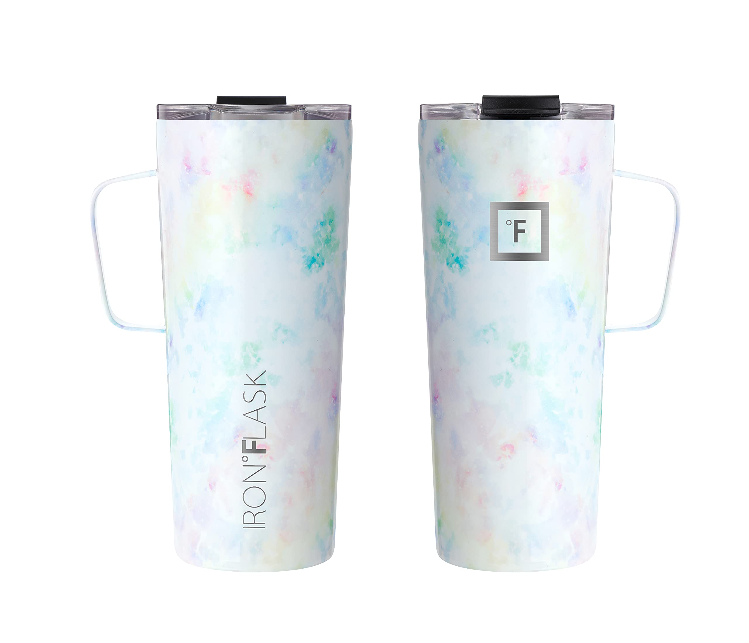 IRON °FLASK Grip mug highlighting vacuum insulation for hot or cold drinks for hours.