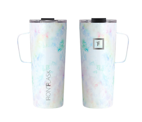 IRON °FLASK Grip mug highlighting vacuum insulation for hot or cold drinks for hours.