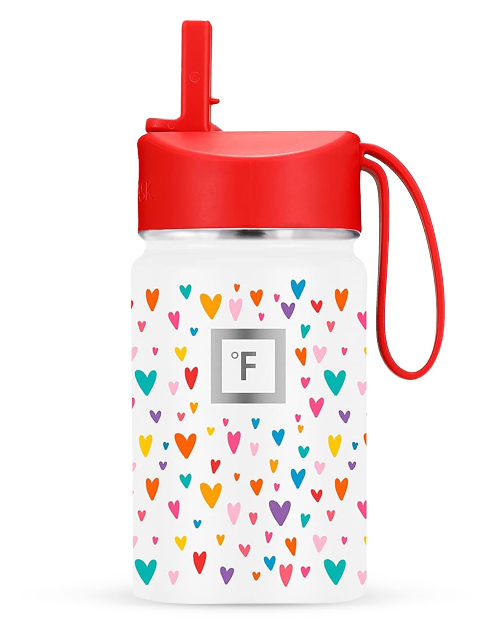 IRON °FLASK Kids bottle with straw lid and rainbow hearts keeps drinks cold.