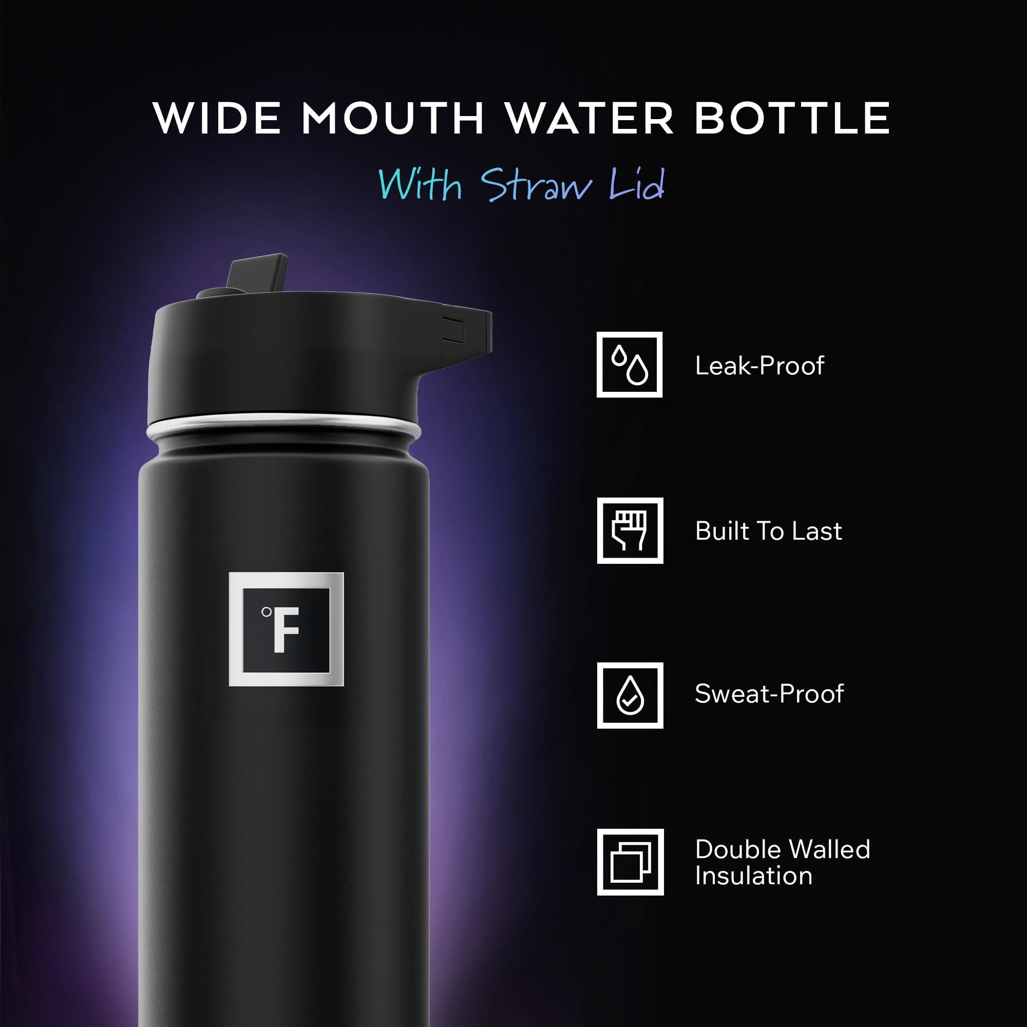 IRON FLASK wide-mouth insulated bottle ideal for ice and fruit on hikes.