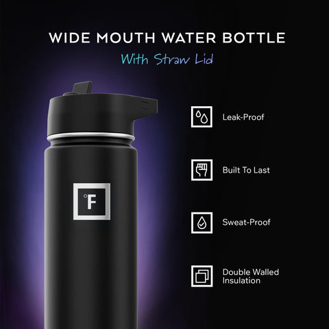 IRON FLASK wide-mouth insulated bottle ideal for ice and fruit on hikes.