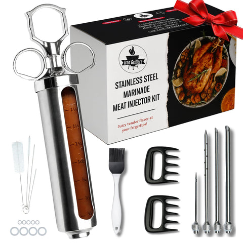 Iron Grillers meat injector with 2oz capacity for precise marinade delivery.