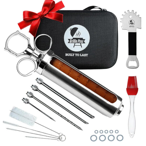 Iron Grillers meat injector syringe for even marinade distribution in ribs and turkey