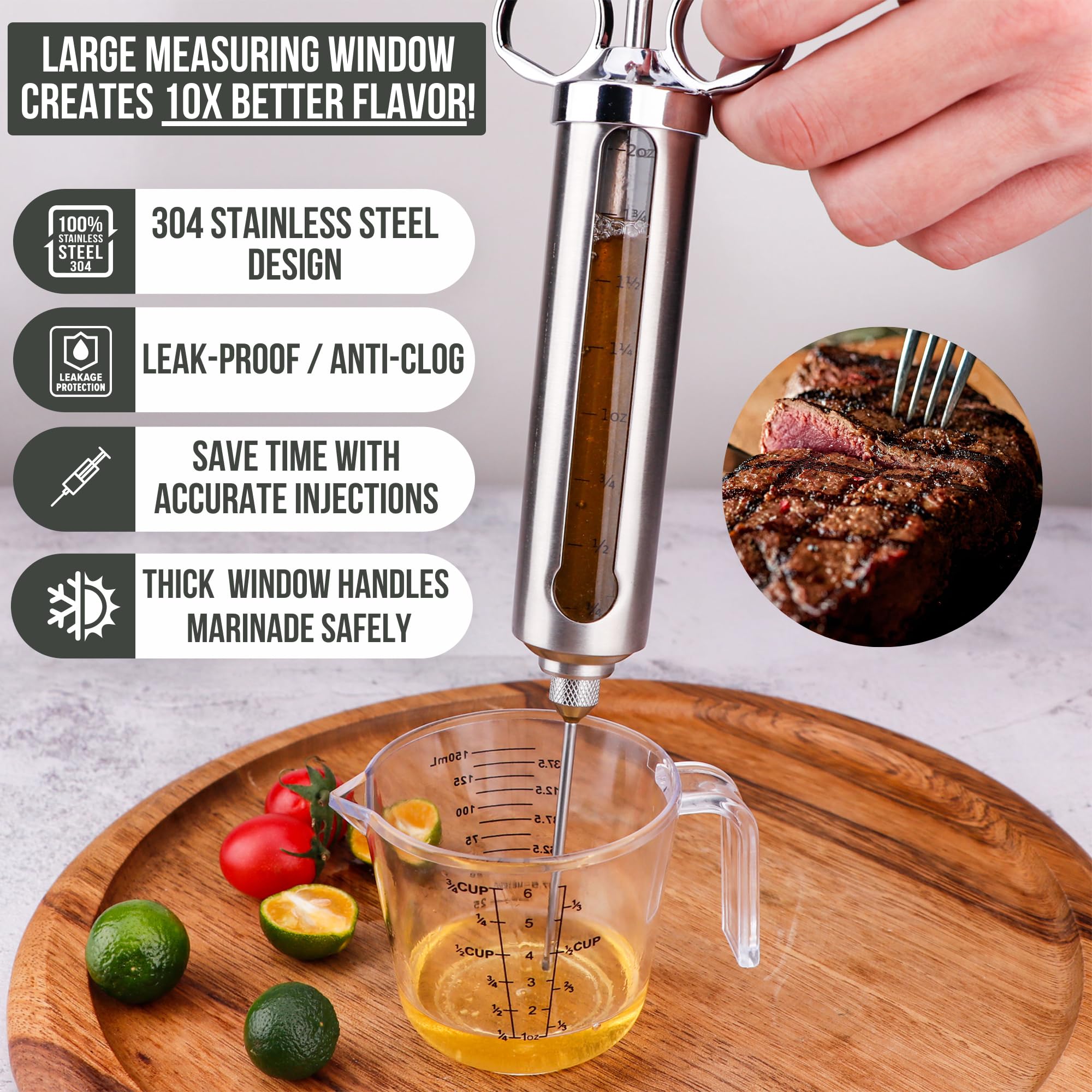 Iron Grillers injector with visible measuring window for precise marinade tracking