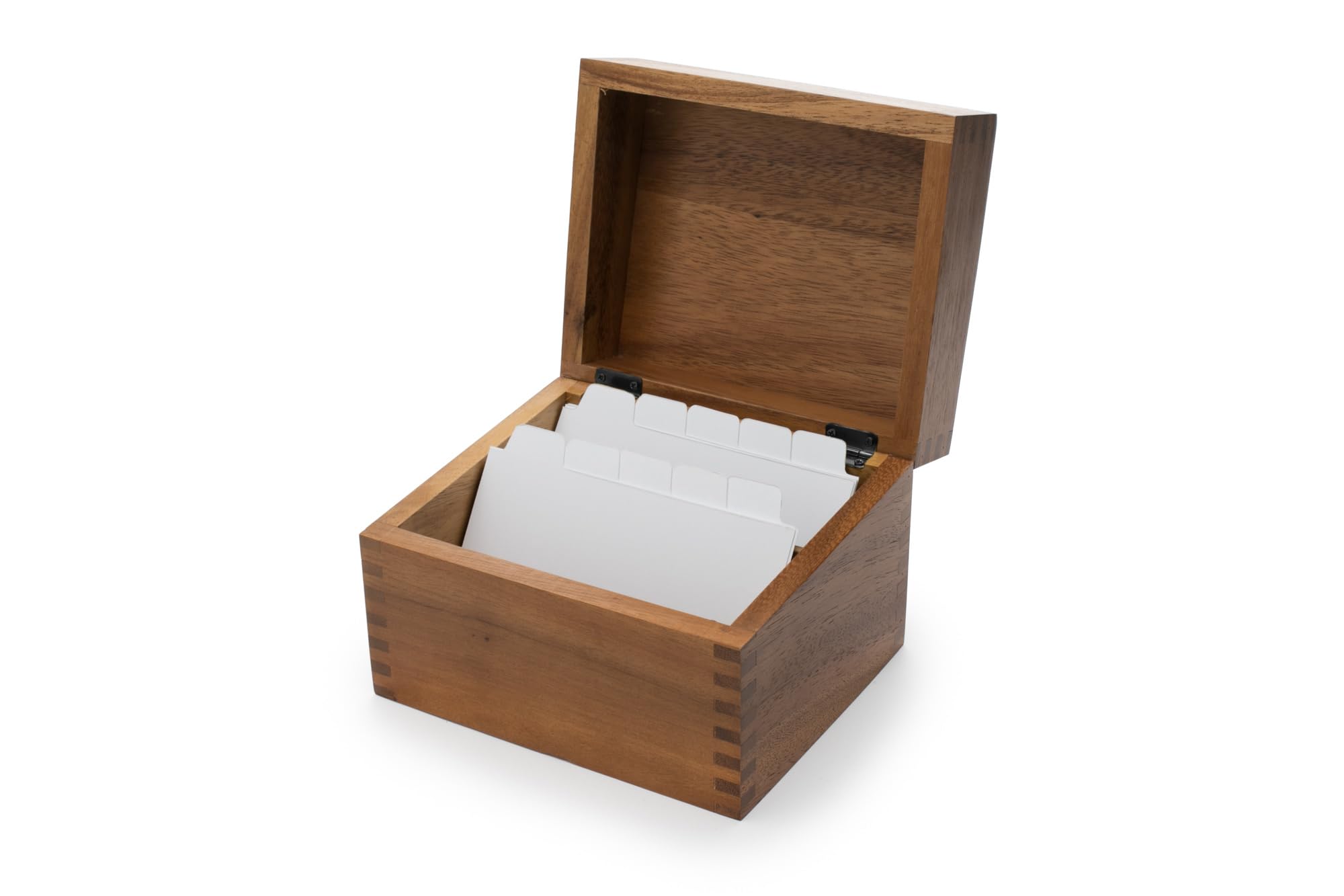 Ironwood Gourmet acacia recipe box with a grooved lid for easy recipe card reading.