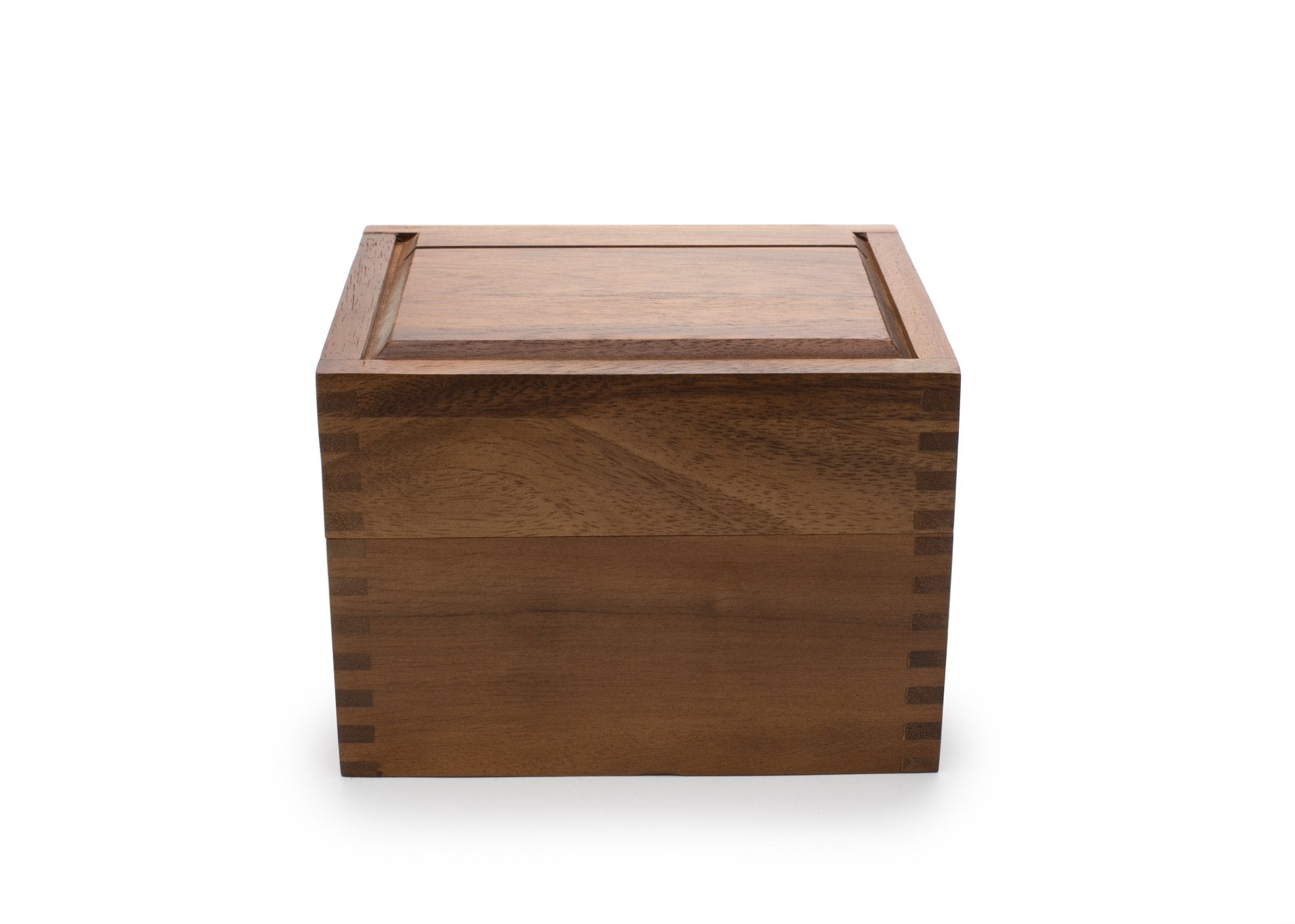 Ironwood Gourmet acacia box showing two compartments for organized recipe cards and keepsakes.