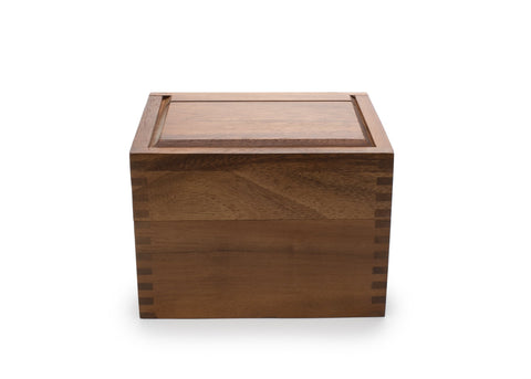 Ironwood Gourmet acacia box showing two compartments for organized recipe cards and keepsakes.