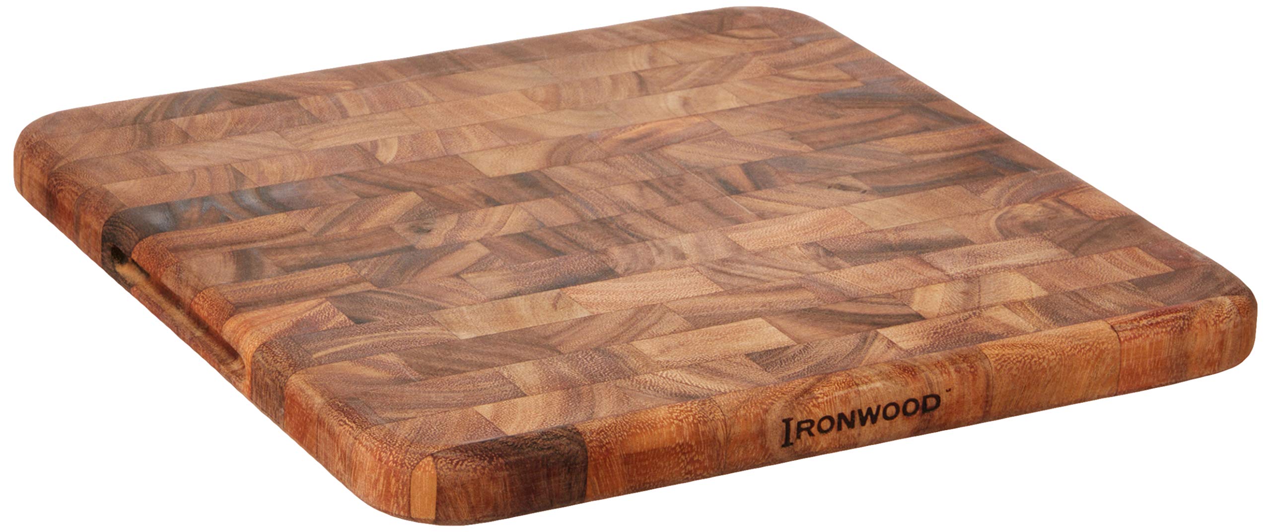 Ironwood Oslo end grain square board close-up grain shows rich acacia color and durability
