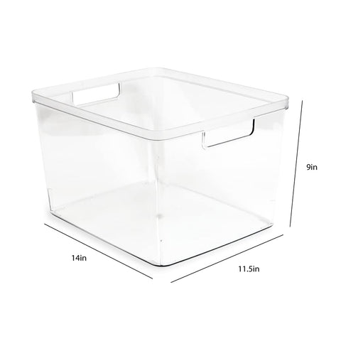 Isaac Jacobs clear bin on countertop tidies supplies and gadgets.