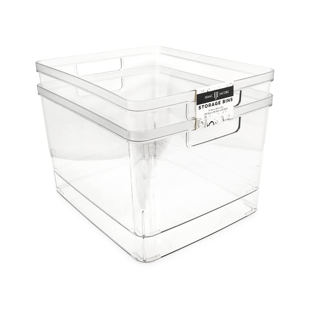 Isaac Jacobs clear storage bin with cutout handles for easy transport.