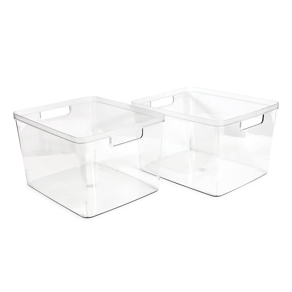 Isaac Jacobs extra-large clear bin in fridge for cheeses and produce.