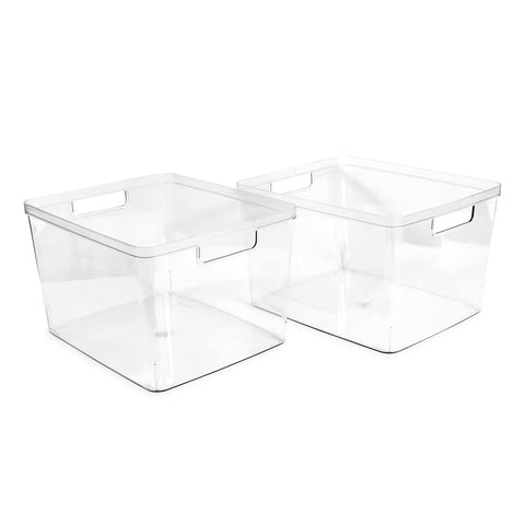 Isaac Jacobs extra-large clear bin in fridge for cheeses and produce.