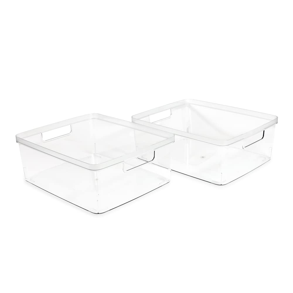 Isaac Jacobs large clear storage bin with cutout handles for easy transport.