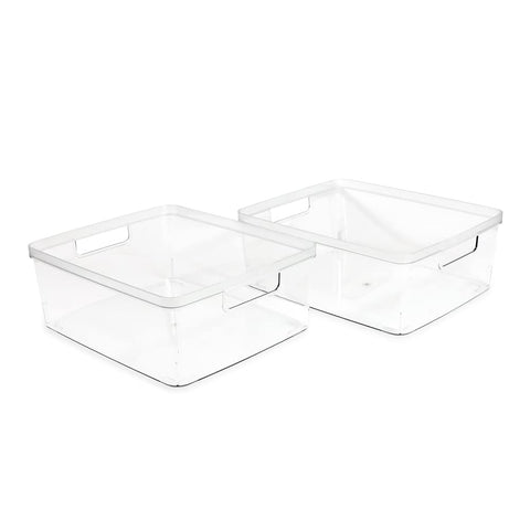 Isaac Jacobs large clear storage bin with cutout handles for easy transport.