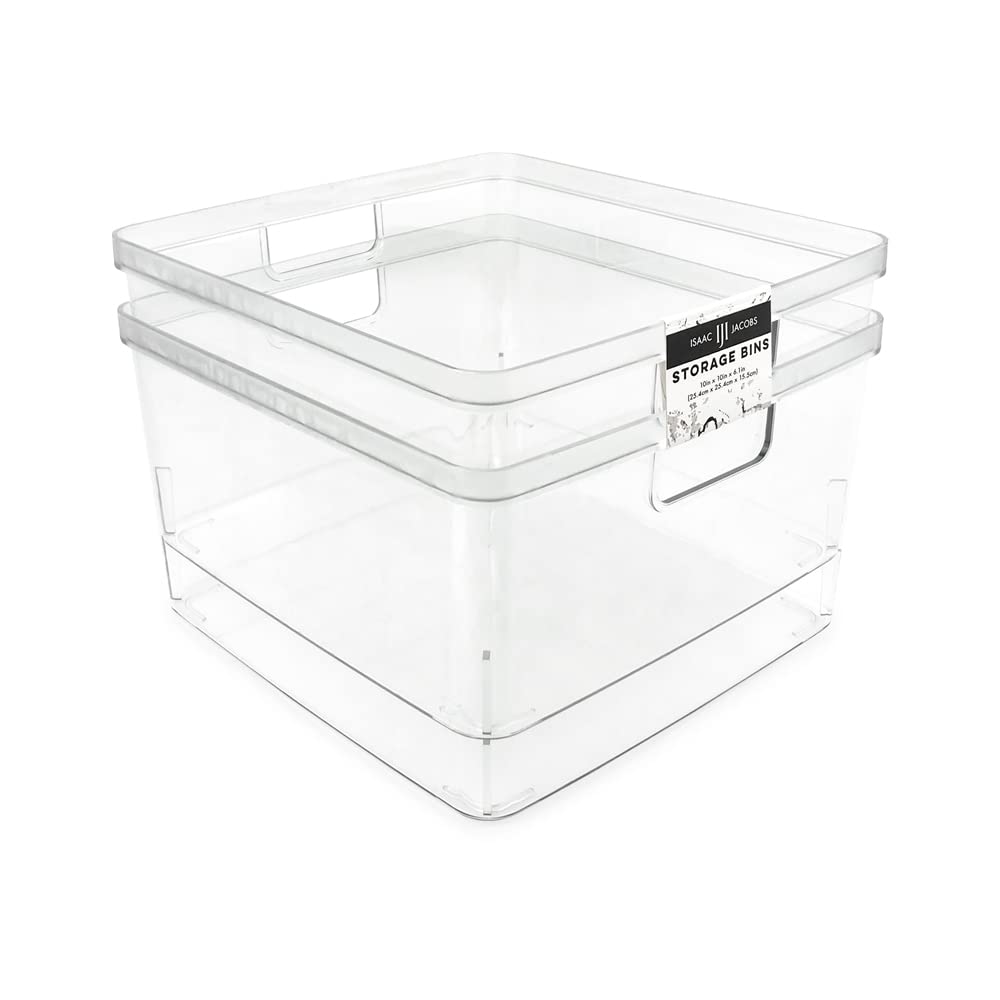 Isaac Jacobs square clear bin with cutout handles for easy carrying and quick visibility.