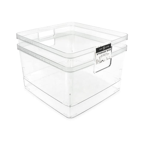 Isaac Jacobs square clear bin with cutout handles for easy carrying and quick visibility.