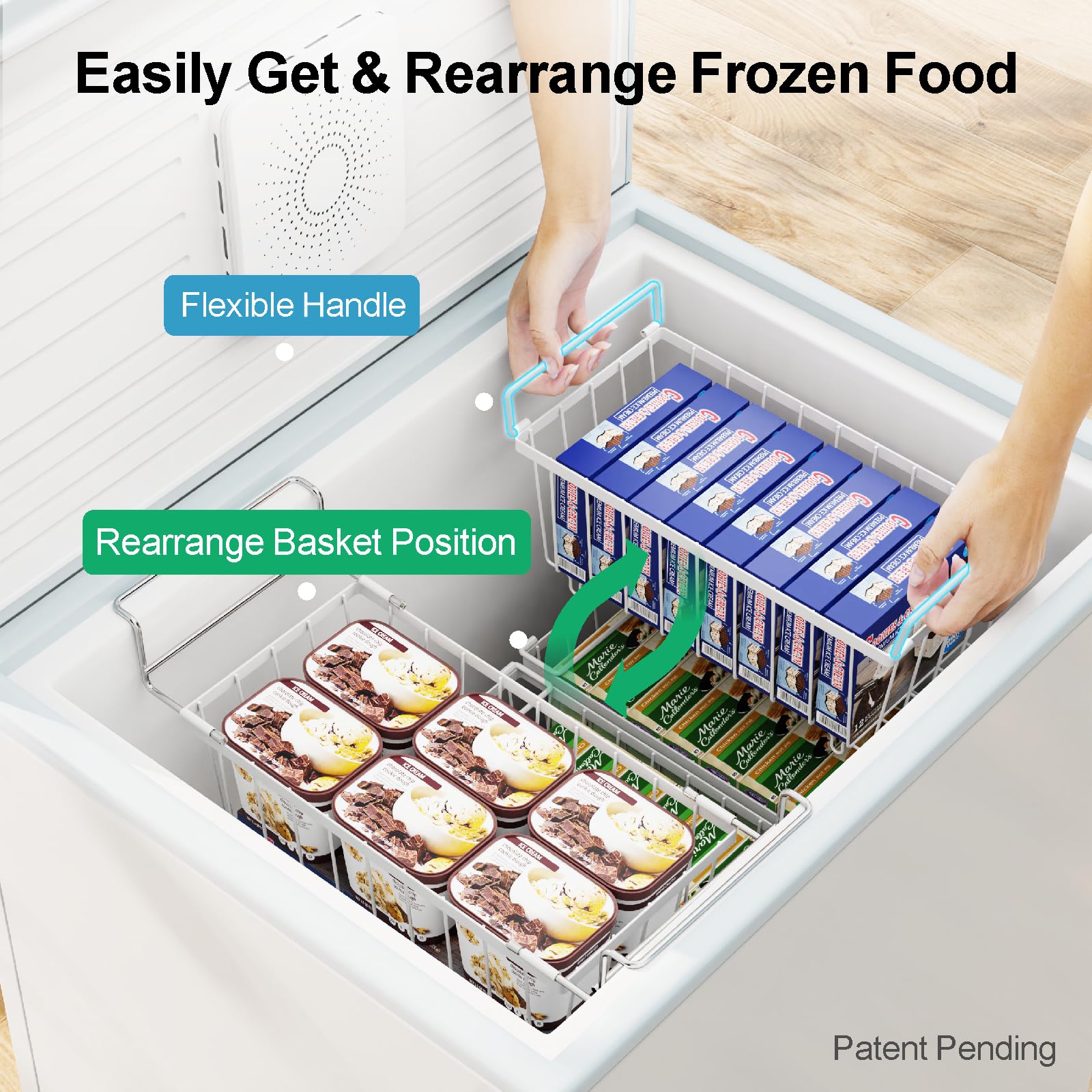 iSPECLE freezer bin demonstrating easy slide access
