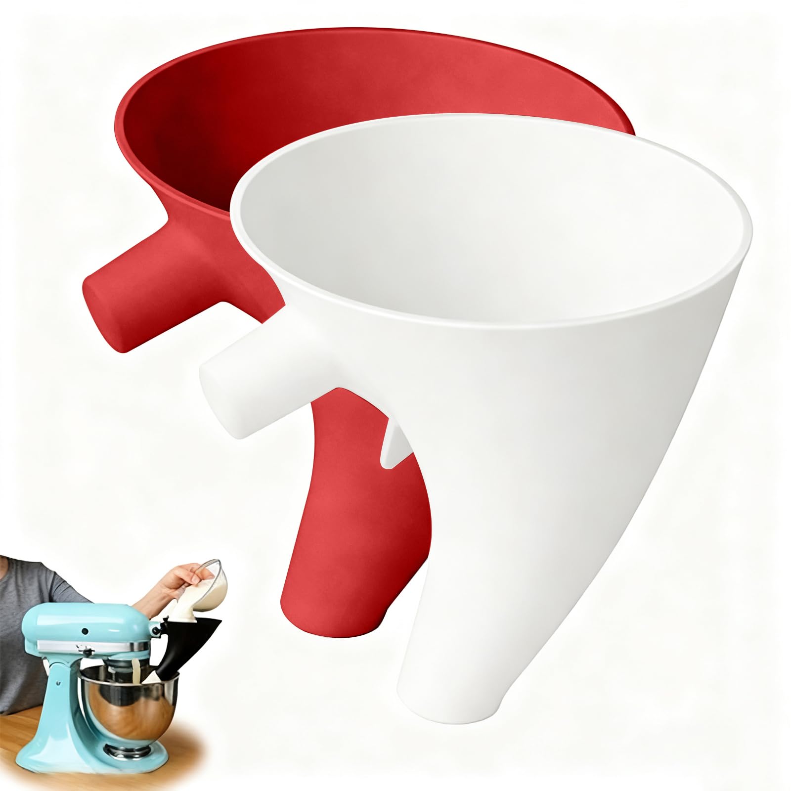 Ishenkea flour funnel attached to KitchenAid mixer for mess-free pouring.