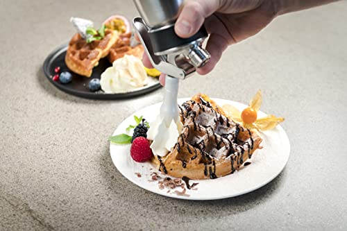 Isi North America Cream Profi Whip head and nozzle demonstrate precise dispensing.