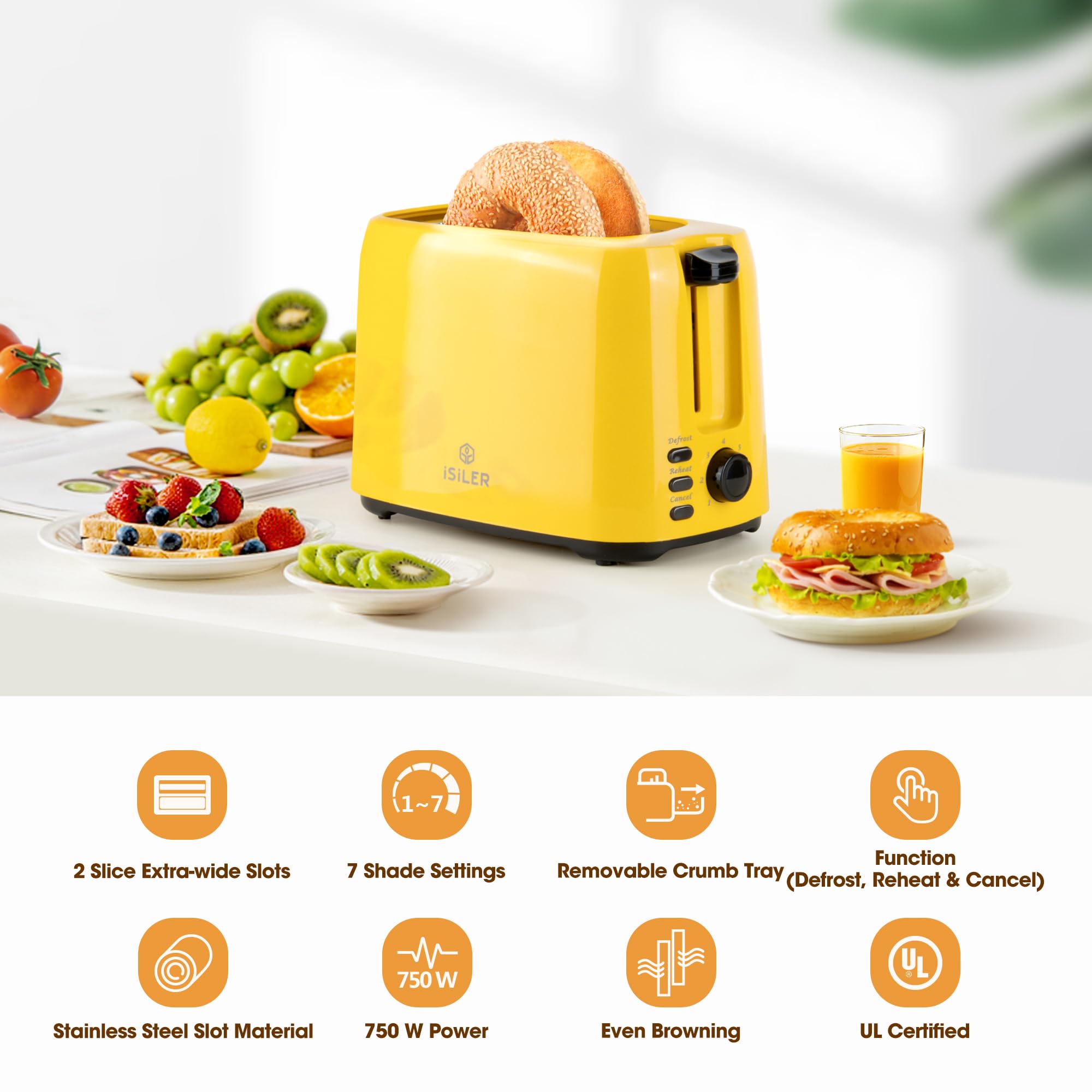 ISILER toaster yellow, bagel-friendly slots ideal for thick slices.