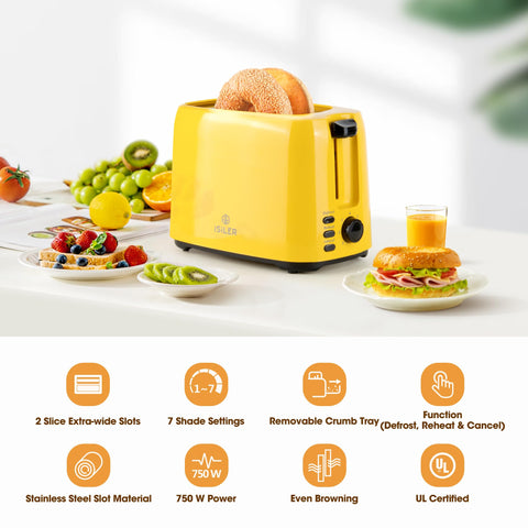 ISILER toaster yellow, bagel-friendly slots ideal for thick slices.
