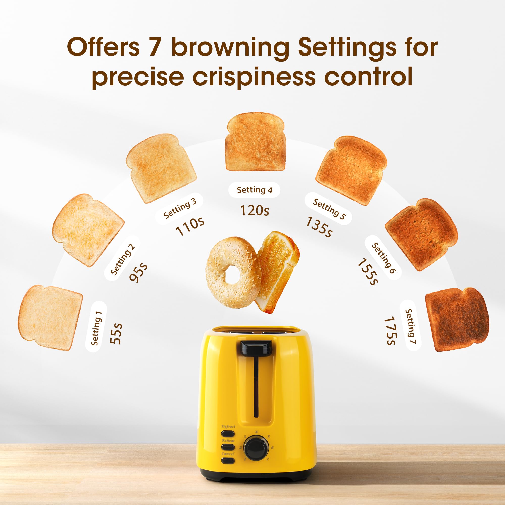 Removable crumb tray simplifies cleanup after breakfast.