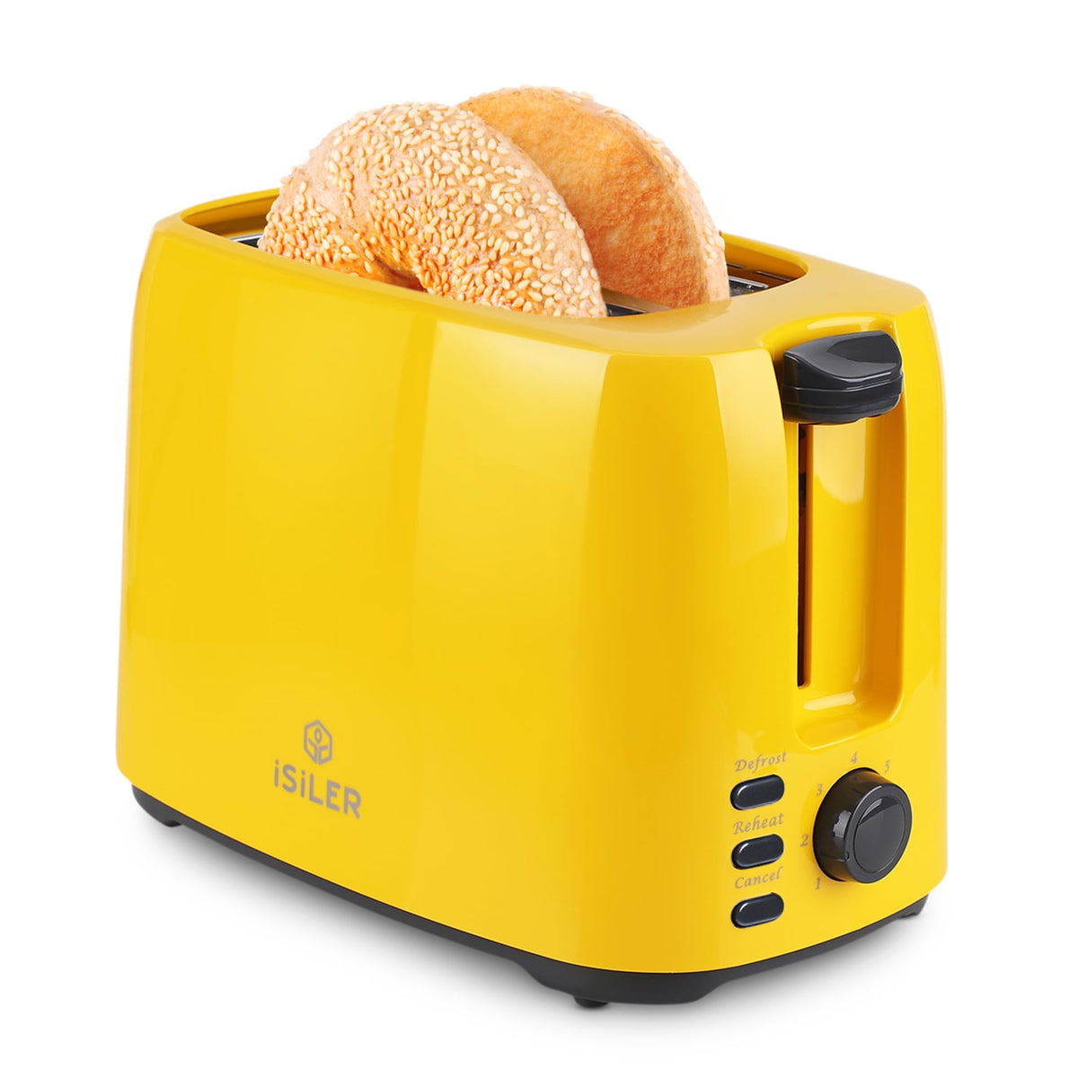 ISILER 2-slice toaster yellow with wide slots for bagels and thick bread.