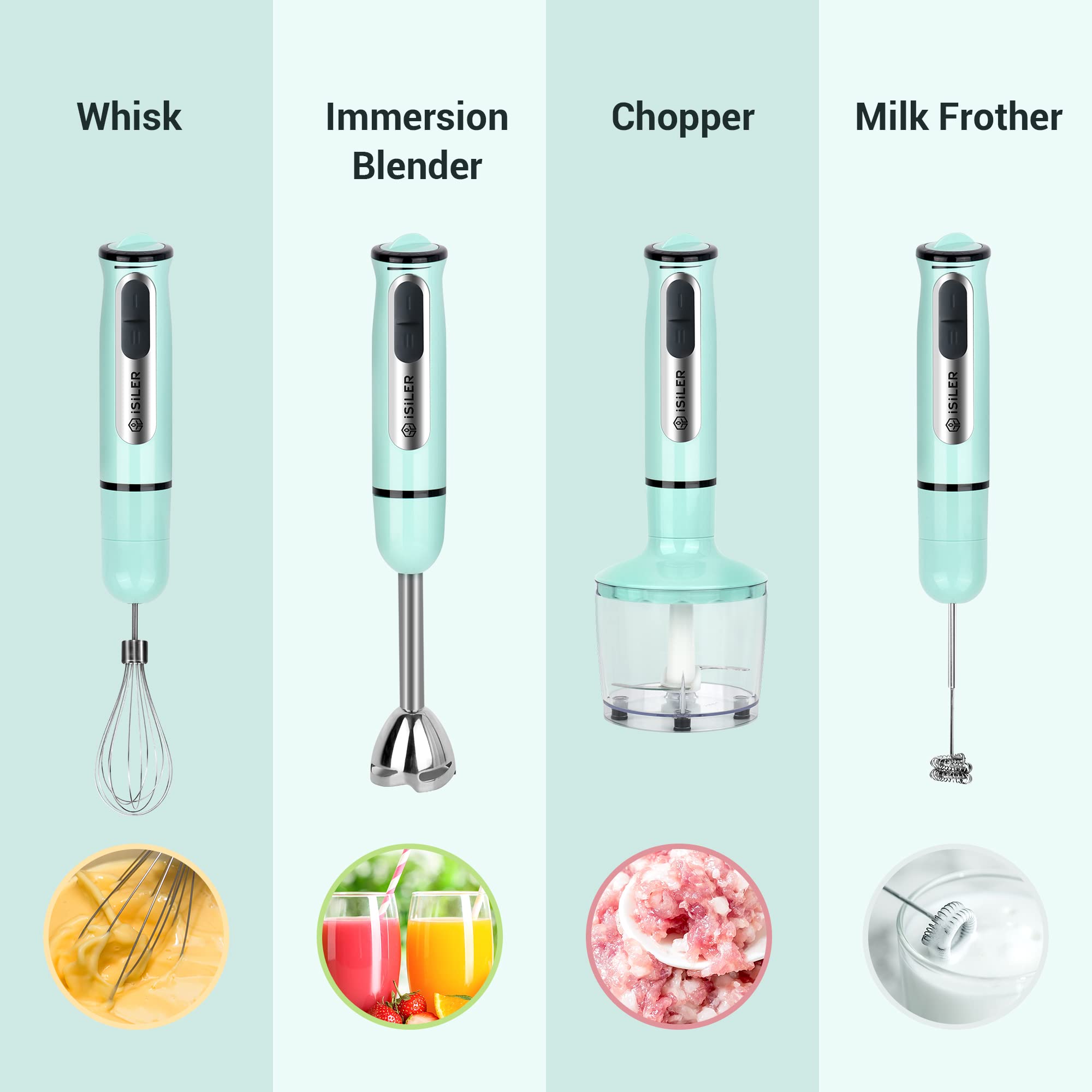 ISILER egg whisk attachment blends batters and sauces smoothly.
